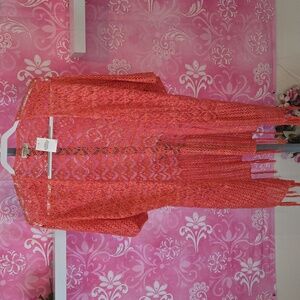 ONE WORLD Orange Crochet Fringe Cardigan